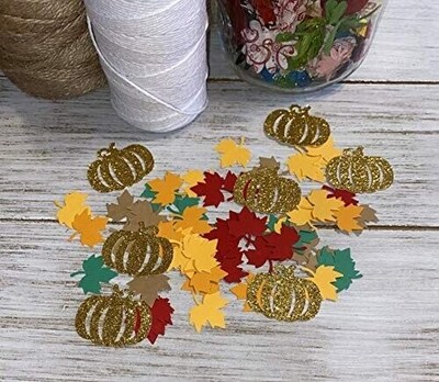 Fall Maple Leaf confetti and gold pumpkins - Halloween Thanksgiving Fall Decorations - image1
